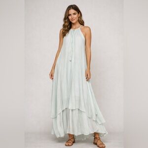 Olivaceous Light Blue and White High Low Dress